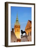 Germany, Lower Saxony, Braunschweig. the Tower from the Town Hall and Sculpture of the Lion-Ken Scicluna-Framed Photographic Print