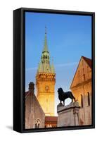 Germany, Lower Saxony, Braunschweig. the Tower from the Town Hall and Sculpture of the Lion-Ken Scicluna-Framed Stretched Canvas