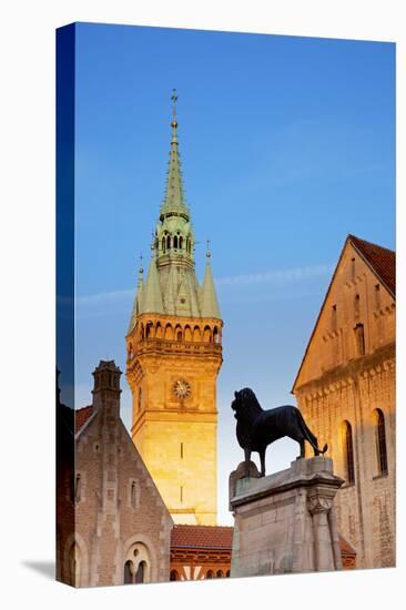 Germany, Lower Saxony, Braunschweig. the Tower from the Town Hall and Sculpture of the Lion-Ken Scicluna-Stretched Canvas