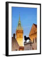 Germany, Lower Saxony, Braunschweig. the Tower from the Town Hall and Sculpture of the Lion-Ken Scicluna-Framed Photographic Print