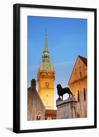 Germany, Lower Saxony, Braunschweig. the Tower from the Town Hall and Sculpture of the Lion-Ken Scicluna-Framed Photographic Print