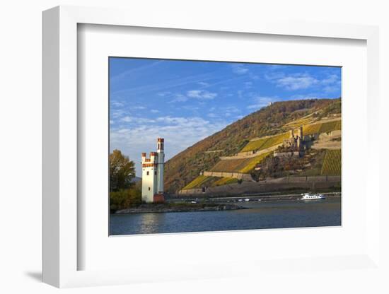 Germany, Middle Rhine Valley, Bingen, Rheingau, Binger MŠuseturm, MŠuseturm Island, Freight Ship-Chris Seba-Framed Photographic Print