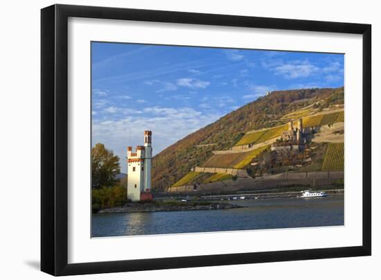 Germany, Middle Rhine Valley, Bingen, Rheingau, Binger MŠuseturm, MŠuseturm Island, Freight Ship-Chris Seba-Framed Photographic Print