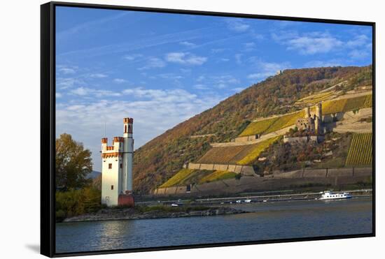 Germany, Middle Rhine Valley, Bingen, Rheingau, Binger MŠuseturm, MŠuseturm Island, Freight Ship-Chris Seba-Framed Stretched Canvas