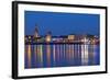 Germany, North Rhine-Westphalia, Dusseldorf, Rhine Shore, at Night, Lights, Reflection-Chris Seba-Framed Photographic Print