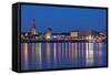 Germany, North Rhine-Westphalia, Dusseldorf, Rhine Shore, at Night, Lights, Reflection-Chris Seba-Framed Stretched Canvas