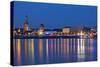 Germany, North Rhine-Westphalia, Dusseldorf, Rhine Shore, at Night, Lights, Reflection-Chris Seba-Stretched Canvas