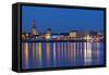 Germany, North Rhine-Westphalia, Dusseldorf, Rhine Shore, at Night, Lights, Reflection-Chris Seba-Framed Stretched Canvas