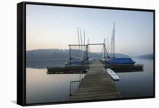 Germany, North Rhine-Westphalia, Sorpe Dam, Bridge, Boats, Dusk-Benjamin Engler-Framed Stretched Canvas