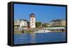 Germany, Rhineland, Dusseldorf, Old Town, Rhine Shore Promenade, Castle Tower-Chris Seba-Framed Stretched Canvas