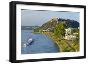 Germany, Rhineland-Palatinate, Koblenz, Rhine Shore, Ehrenbreitstein Fortress, Harbour, Freighter-Chris Seba-Framed Photographic Print