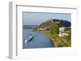 Germany, Rhineland-Palatinate, Koblenz, Rhine Shore, Ehrenbreitstein Fortress, Harbour, Freighter-Chris Seba-Framed Photographic Print