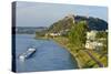 Germany, Rhineland-Palatinate, Koblenz, Rhine Shore, Ehrenbreitstein Fortress, Harbour, Freighter-Chris Seba-Stretched Canvas