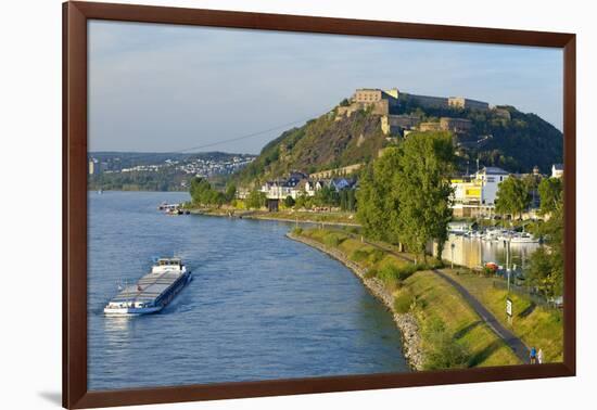 Germany, Rhineland-Palatinate, Koblenz, Rhine Shore, Ehrenbreitstein Fortress, Harbour, Freighter-Chris Seba-Framed Photographic Print