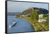 Germany, Rhineland-Palatinate, Koblenz, Rhine Shore, Ehrenbreitstein Fortress, Harbour, Freighter-Chris Seba-Framed Stretched Canvas