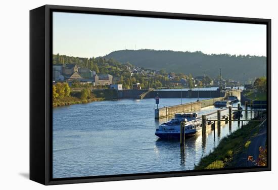 Germany, Rhineland-Palatinate, the Moselle, Grevenmacher, Sluice, Barges, Evening Light-Chris Seba-Framed Stretched Canvas