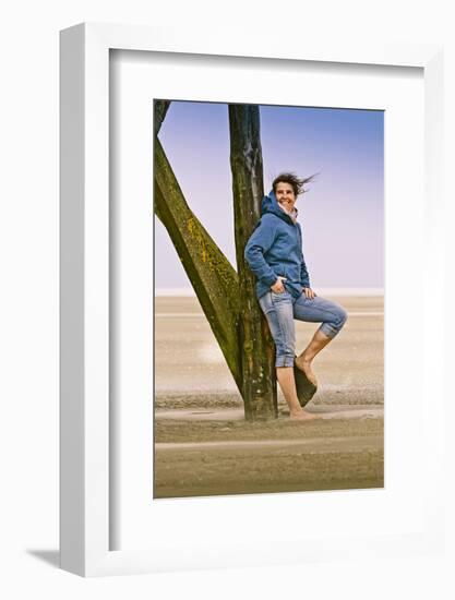 Germany, Schleswig-Holstein, North Frisia, Eiderstedt, St. Peter-Ording, Woman on the Beach-Ingo Boelter-Framed Photographic Print