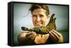 Germany, Schleswig-Holstein, Pellworm, Mud Flats, Wadden Sea, Woman, Finding, Jetsam, Showing-Ingo Boelter-Framed Stretched Canvas