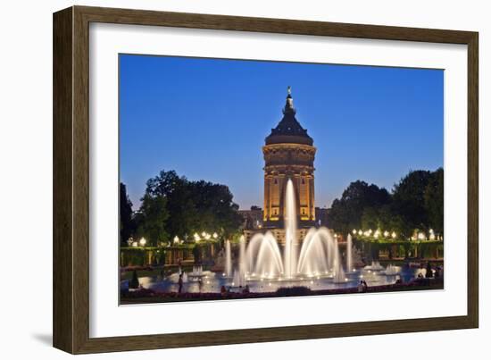 Germany, the Rhine, Baden-Wurttemberg, Mannheim, City Centre, Water Tower, Dusk, Water Fountains-Chris Seba-Framed Photographic Print