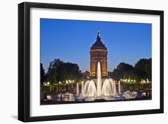 Germany, the Rhine, Baden-Wurttemberg, Mannheim, City Centre, Water Tower, Dusk, Water Fountains-Chris Seba-Framed Premium Photographic Print