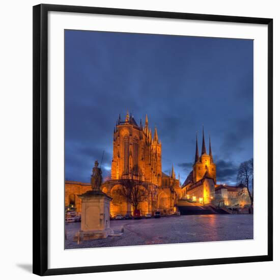 Germany, Thuringia, Erfurt, Domplatz, Severichurch, St. Mary's Cathedral, Monument, Lighting, Dusk-Harald Schšn-Framed Photographic Print