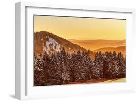 Germany, Thuringia, Gehlberg, SchmŸcke, Mountain Silhouettes, Spruces, Snow, Back Light-Harald Schšn-Framed Photographic Print