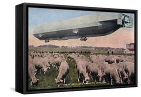 Germany - View of a Zeppelin Blimp over Grazing Sheep-Lantern Press-Framed Stretched Canvas