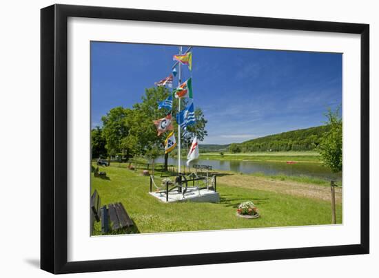 Germany, Weser Hills, Lower Saxony, Heinsen, Weser Shore, Flagstaff, Bench, Canoeist-Chris Seba-Framed Photographic Print