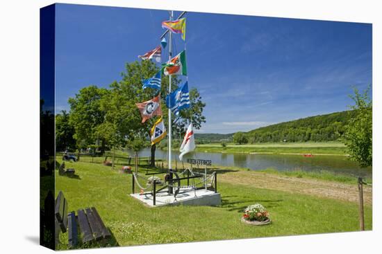 Germany, Weser Hills, Lower Saxony, Heinsen, Weser Shore, Flagstaff, Bench, Canoeist-Chris Seba-Stretched Canvas