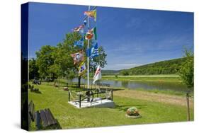 Germany, Weser Hills, Lower Saxony, Heinsen, Weser Shore, Flagstaff, Bench, Canoeist-Chris Seba-Stretched Canvas