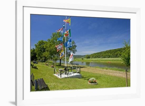 Germany, Weser Hills, Lower Saxony, Heinsen, Weser Shore, Flagstaff, Bench, Canoeist-Chris Seba-Framed Photographic Print