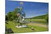 Germany, Weser Hills, Lower Saxony, Heinsen, Weser Shore, Flagstaff, Bench, Canoeist-Chris Seba-Mounted Photographic Print