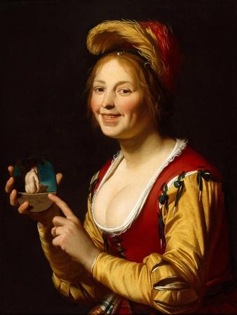 Smiling Girl, a Courtesan, Holding an Obscene Image, 1625