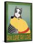 Get Love Give Love Banneryellow Dog And Grey Cat-Stephen Huneck-Framed Stretched Canvas