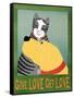 Get Love Give Love Banneryellow Dog And Grey Cat-Stephen Huneck-Framed Stretched Canvas