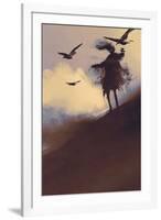 Ghost with Flying Crows in the Desert,Illustration,Digital Painting-Tithi Luadthong-Framed Art Print