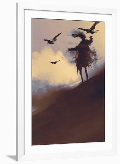 Ghost with Flying Crows in the Desert,Illustration,Digital Painting-Tithi Luadthong-Framed Art Print