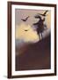 Ghost with Flying Crows in the Desert,Illustration,Digital Painting-Tithi Luadthong-Framed Art Print