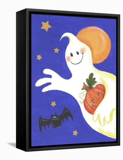 Ghost with Pumpkin and Orange Moon-Beverly Johnston-Framed Stretched Canvas