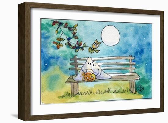 Ghosts on Bench Halloween Full Moon Owl-sylvia pimental-Framed Art Print