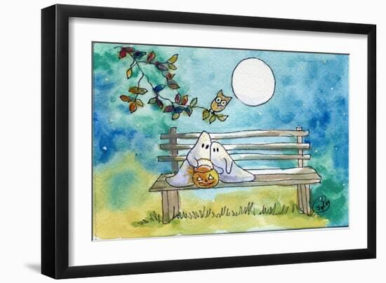 Ghosts on Bench Halloween Full Moon Owl-sylvia pimental-Framed Art Print