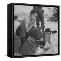 GI shaving with mirror during ull in the Ardennes Forest Conflict called the Battle of the Bulge-John Florea-Framed Stretched Canvas