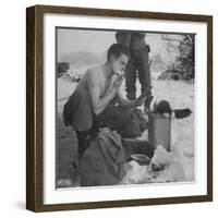 GI shaving with mirror during ull in the Ardennes Forest Conflict called the Battle of the Bulge-John Florea-Framed Photographic Print