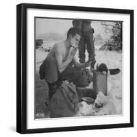 GI shaving with mirror during ull in the Ardennes Forest Conflict called the Battle of the Bulge-John Florea-Framed Photographic Print