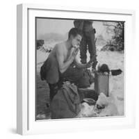 GI shaving with mirror during ull in the Ardennes Forest Conflict called the Battle of the Bulge-John Florea-Framed Photographic Print