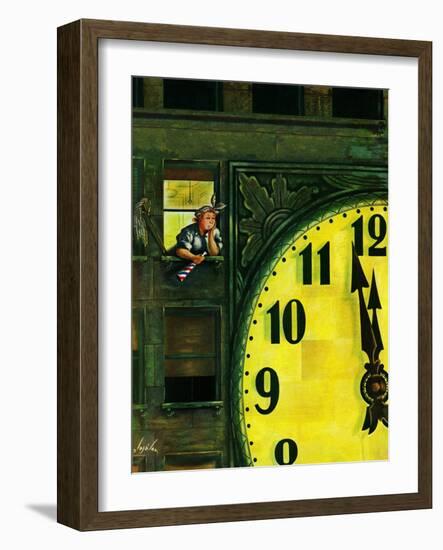 "Giant Clock on New Year's Eve," January 1, 1949-Constantin Alajalov-Framed Giclee Print