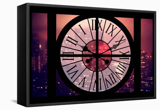 Giant Clock Window - Night View on the New Yorker with Pink Foggy-Philippe Hugonnard-Framed Stretched Canvas