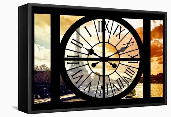 Giant Clock Window - View of the Eiffel Tower and River Seine at Sunset in Paris-Philippe Hugonnard-Framed Stretched Canvas