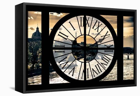 Giant Clock Window - View of the River Seine and the Eiffel Tower at Sunrise in Paris-Philippe Hugonnard-Framed Stretched Canvas