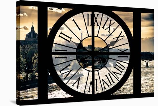 Giant Clock Window - View of the River Seine and the Eiffel Tower at Sunrise in Paris-Philippe Hugonnard-Stretched Canvas